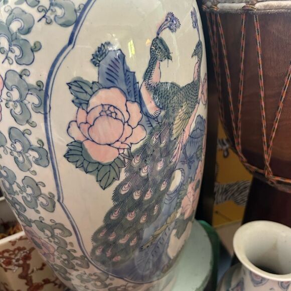 Vintage Blue and White Asian Vase with Pink Floral Accents w Birds 24" - Picture 9 of 15